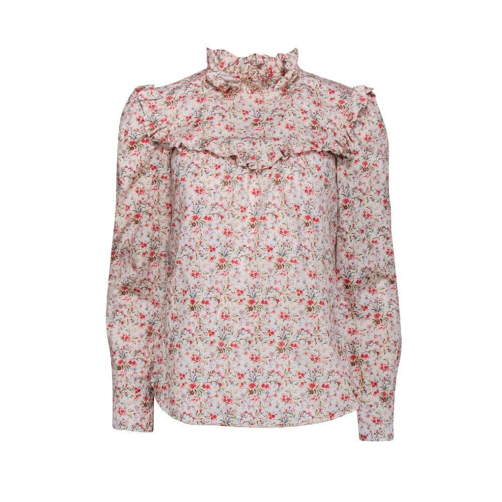 La Vie by Rebecca Taylor Floral Ruffle Neck Blouse Cream w/ Red & Green Small